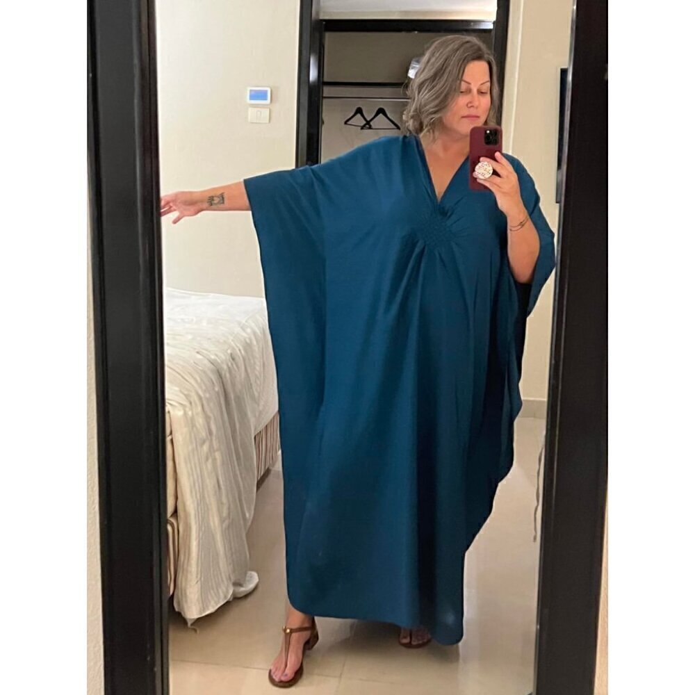 Bsubseach Women Solid Color Cover  Up V Neck Kaftan Dresses Beachwear